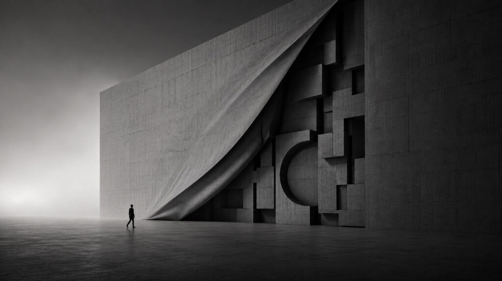 Pessoa caminhando diante de uma grande estrutura de concreto que revela formas geométricas ocultas sob sua superfície, simbolizando transformação artística, descoberta e novos caminhos criativos.
