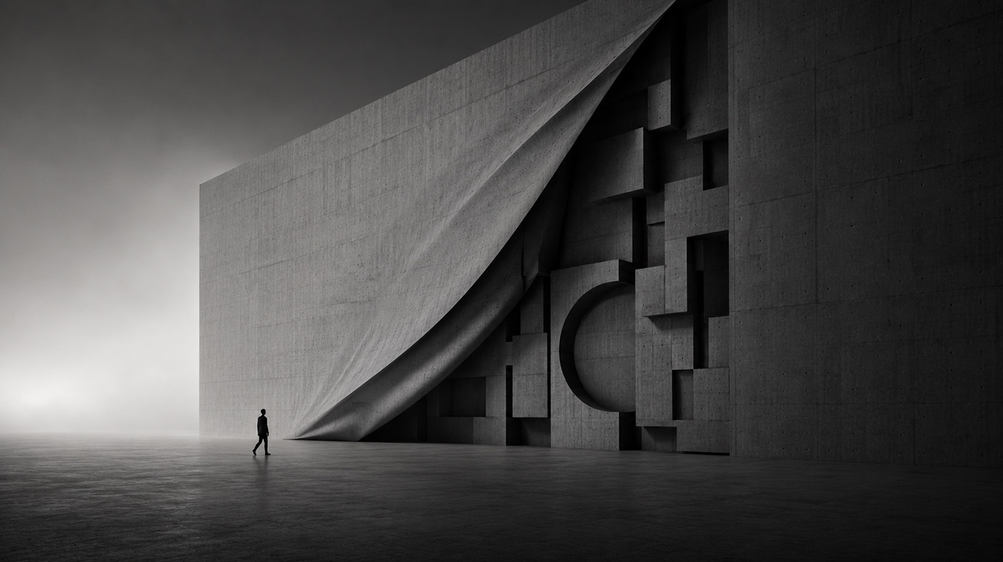 Pessoa caminhando diante de uma grande estrutura de concreto que revela formas geométricas ocultas sob sua superfície, simbolizando transformação artística, descoberta e novos caminhos criativos.