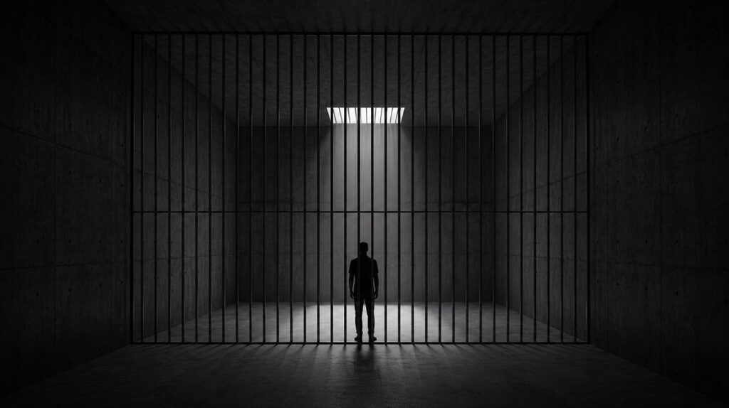 Pessoa caminhando diante de um imenso muro de concreto atravessado por uma estreita fresta de luz, simbolizando criatividade, liberdade e a busca pela própria vocação.