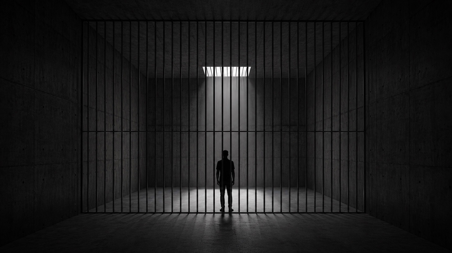 Pessoa caminhando diante de um imenso muro de concreto atravessado por uma estreita fresta de luz, simbolizando criatividade, liberdade e a busca pela própria vocação.