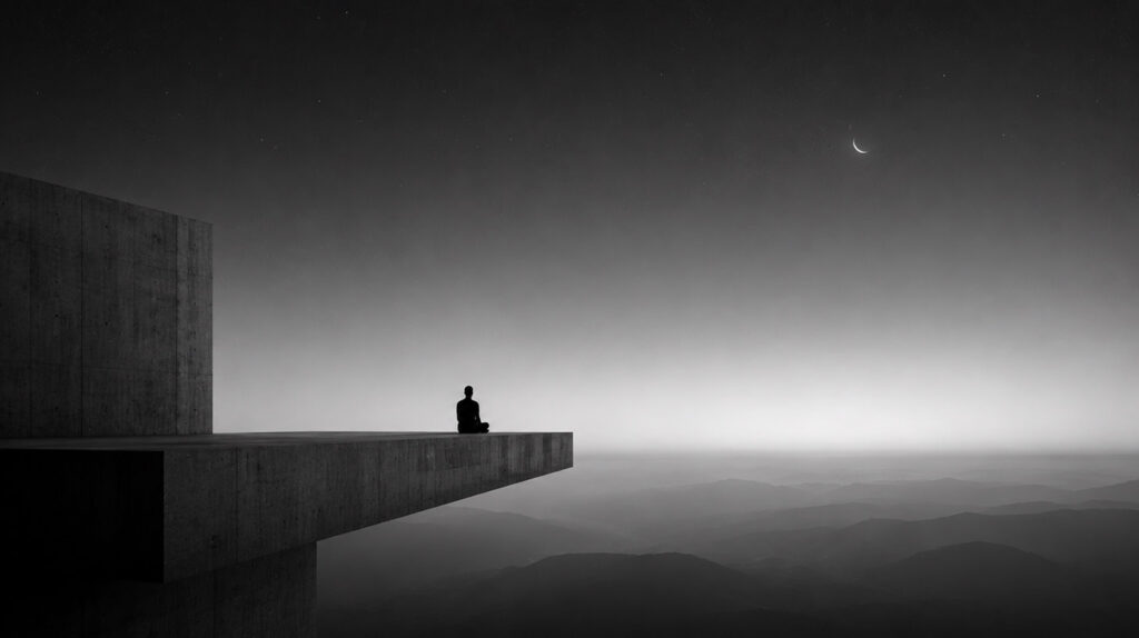 Pessoa observando o horizonte a partir de uma estrutura monumental, simbolizando contemplação, existência humana e a relação entre o indivíduo e a imensidão do universo.