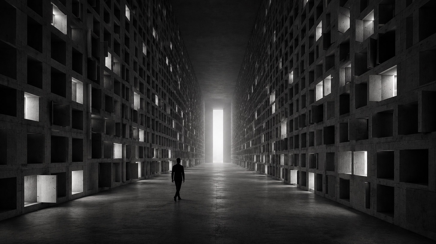 Pessoa caminhando por um corredor monumental formado por compartimentos iluminados, simbolizando memória, imaginação, interpretação da arte e o inconsciente.
