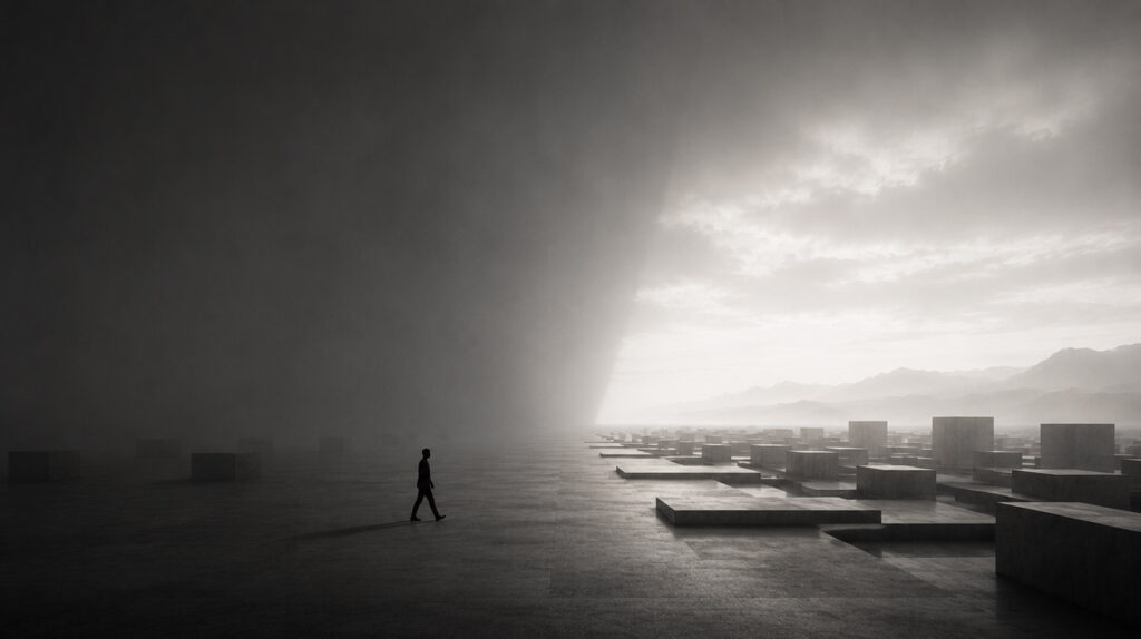 Pessoa caminhando da sombra para a luz em uma paisagem minimalista, simbolizando transformação, descoberta e o impacto da arte na vida humana.