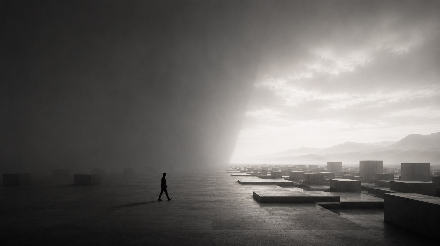 Pessoa caminhando da sombra para a luz em uma paisagem minimalista, simbolizando transformação, descoberta e o impacto da arte na vida humana.