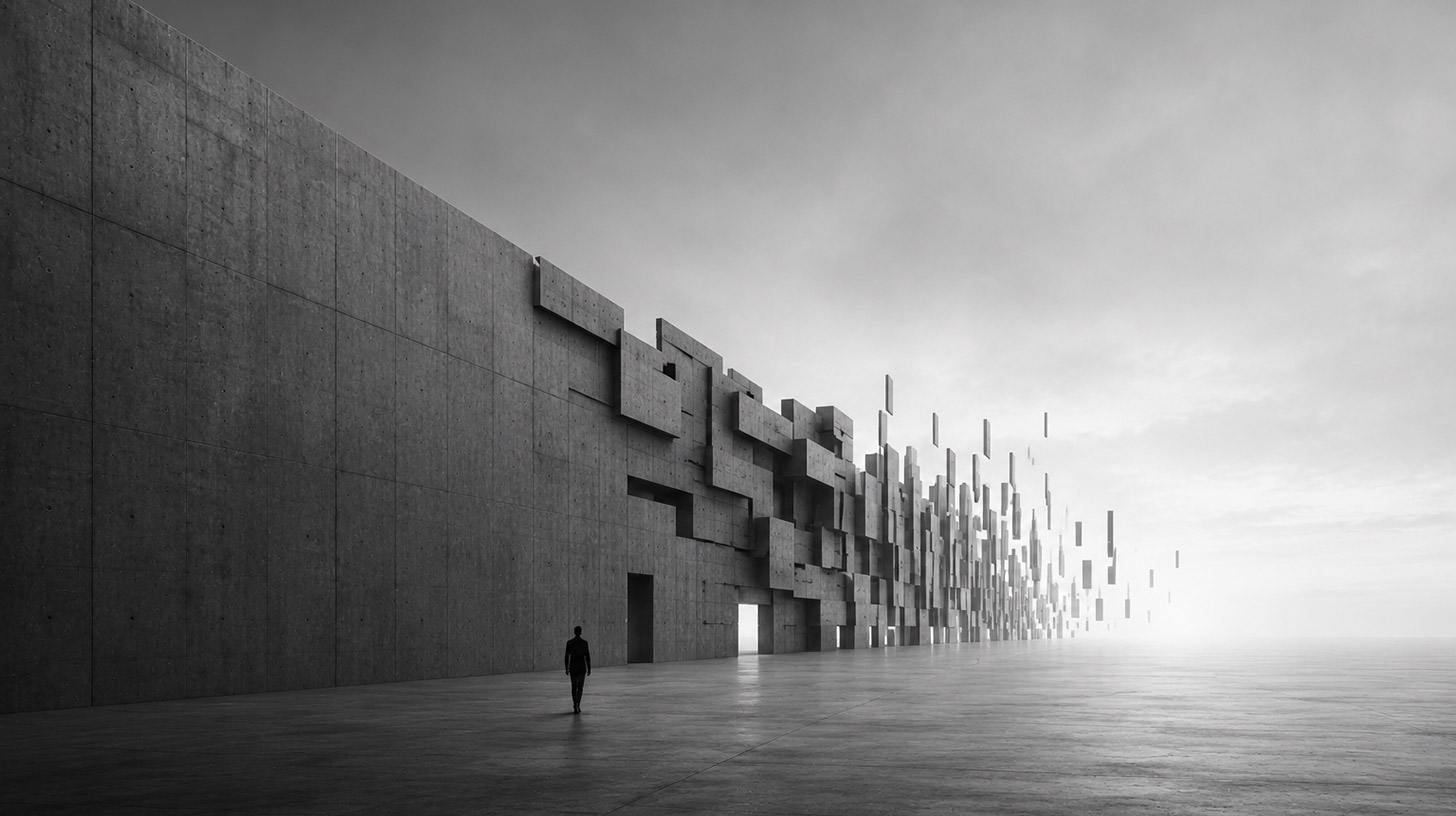 Pessoa caminhando diante de uma grande estrutura brutalista que se transforma em fragmentos suspensos, simbolizando a arte contemporânea, a transformação e a ruptura com modelos tradicionais.