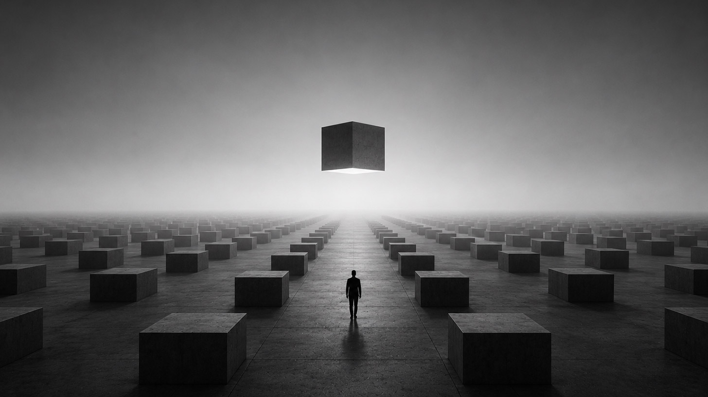 Pessoa diante de um cubo suspenso sobre uma paisagem formada por centenas de cubos idênticos, simbolizando autenticidade, escassez digital e NFTs para artistas digitais.