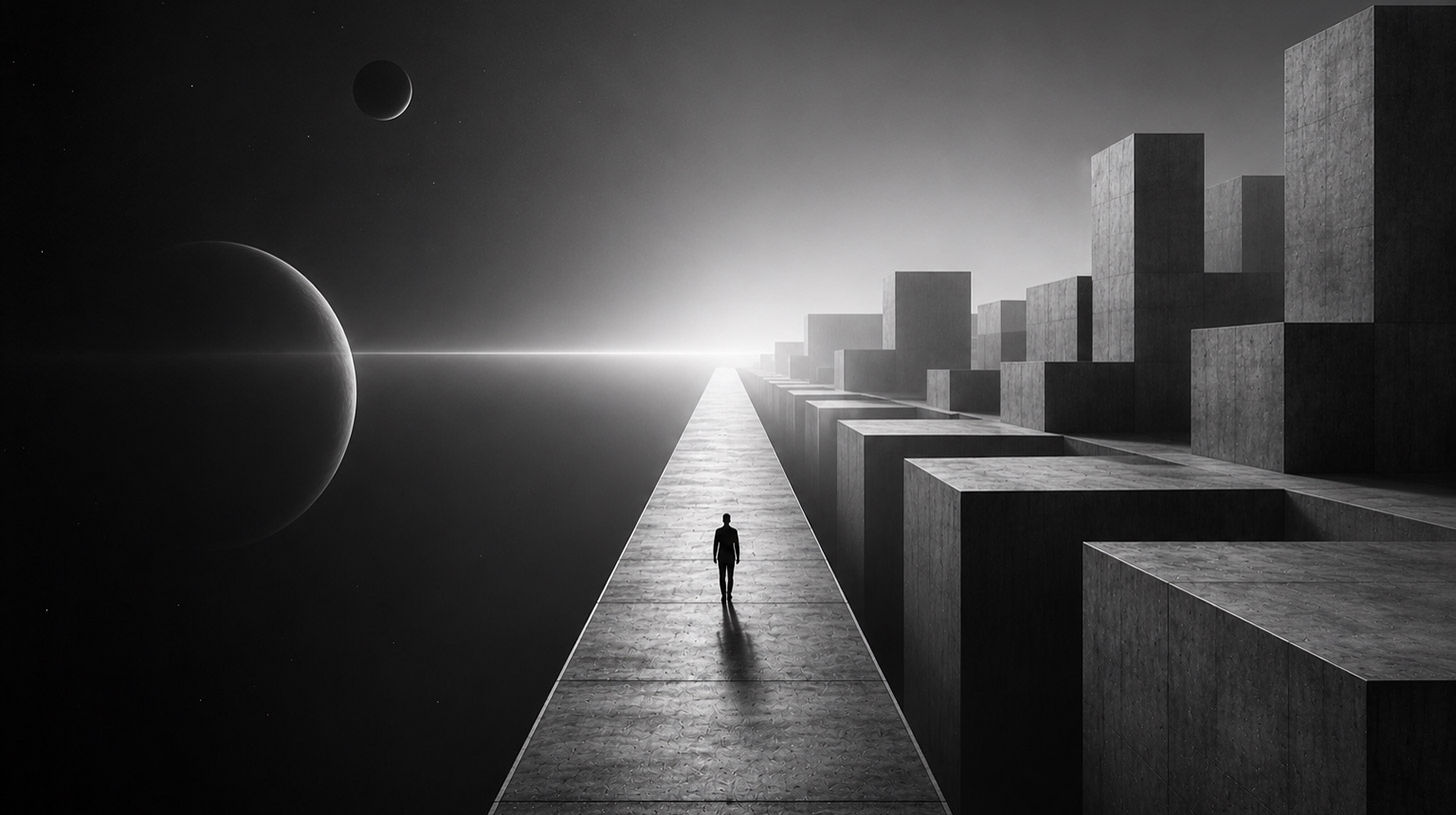 Pessoa caminhando por uma estrutura geométrica monumental diante de planetas e dimensões cósmicas, simbolizando arte, espiritualidade e transcendência.