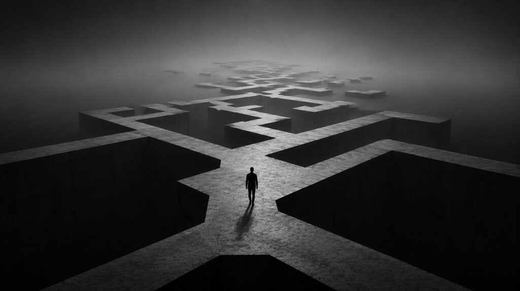 Pessoa diante de um labirinto geométrico monumental, simbolizando experimentação na arte, descoberta de novos caminhos e exploração criativa.