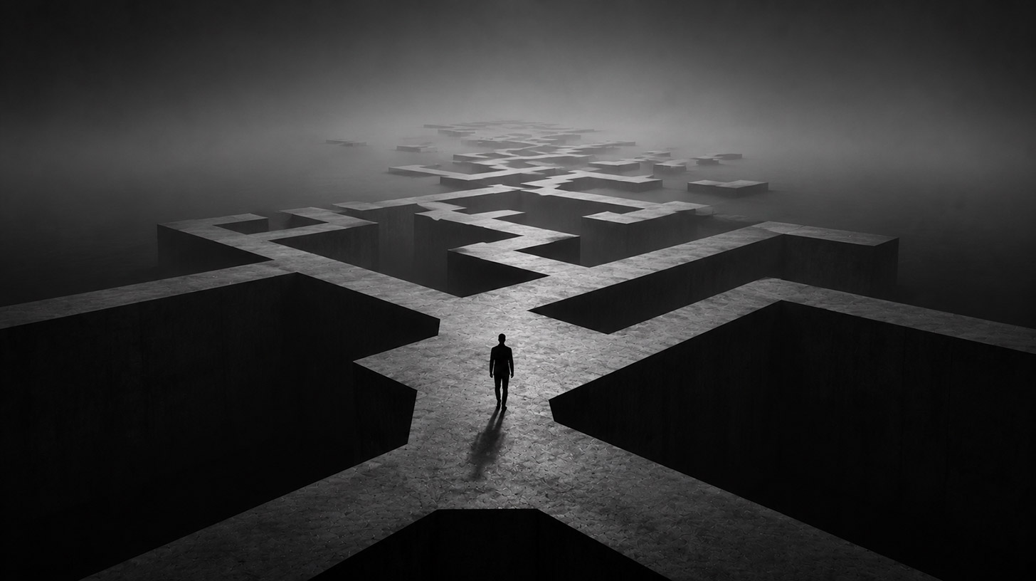 Pessoa diante de um labirinto geométrico monumental, simbolizando experimentação na arte, descoberta de novos caminhos e exploração criativa.