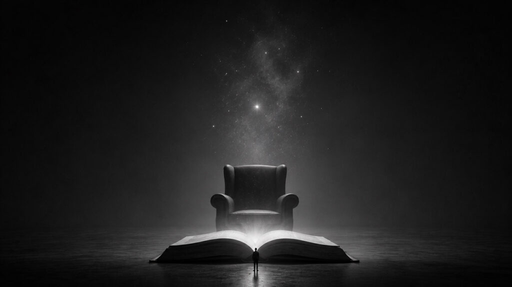 Pessoa diante de um livro aberto monumental que revela um universo de luz e estrelas, simbolizando literatura, imaginação e descoberta.