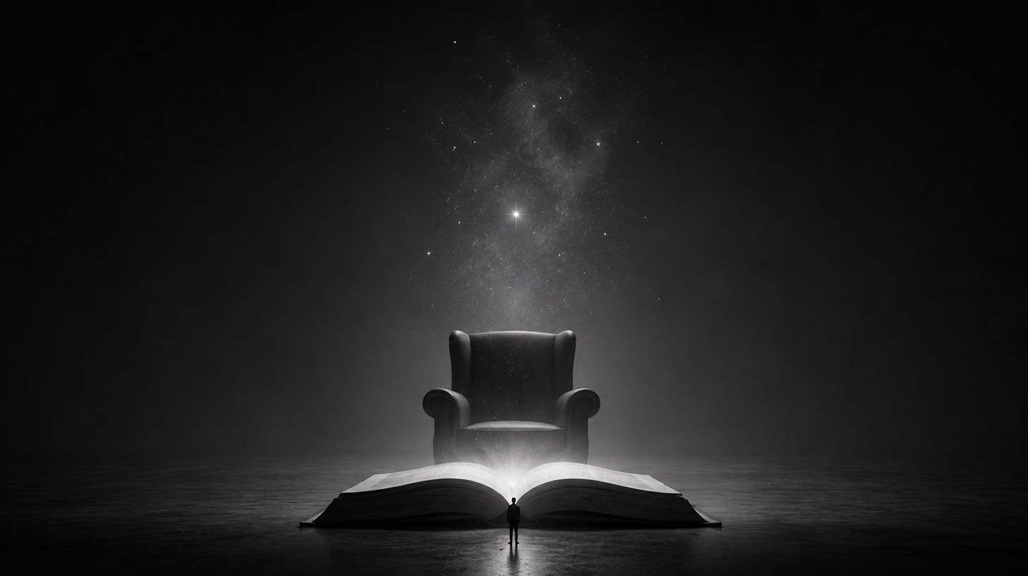 Pessoa diante de um livro aberto monumental que revela um universo de luz e estrelas, simbolizando literatura, imaginação e descoberta.