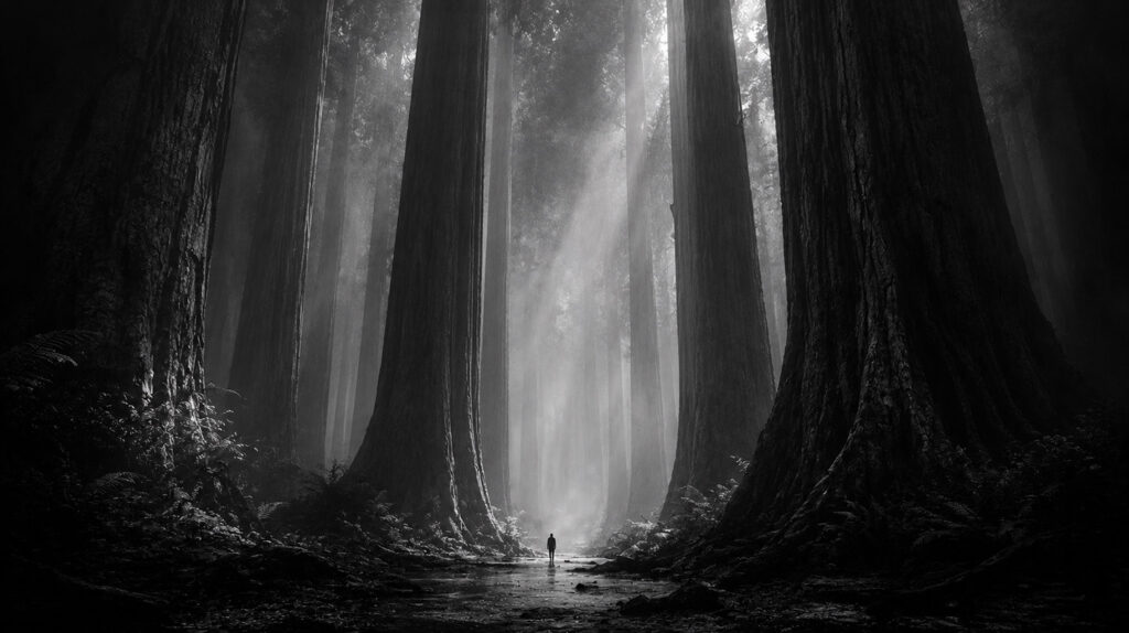 Pessoa caminhando por uma floresta monumental formada por árvores que lembram colunas de uma catedral, simbolizando conexão com a natureza, ancestralidade e contemplação.