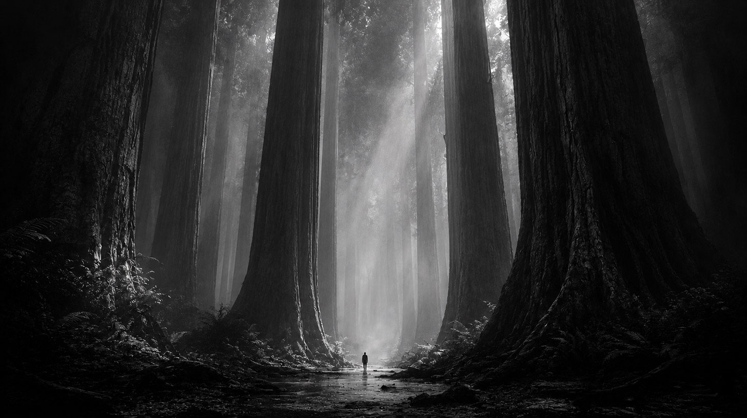 Pessoa caminhando por uma floresta monumental formada por árvores que lembram colunas de uma catedral, simbolizando conexão com a natureza, ancestralidade e contemplação.