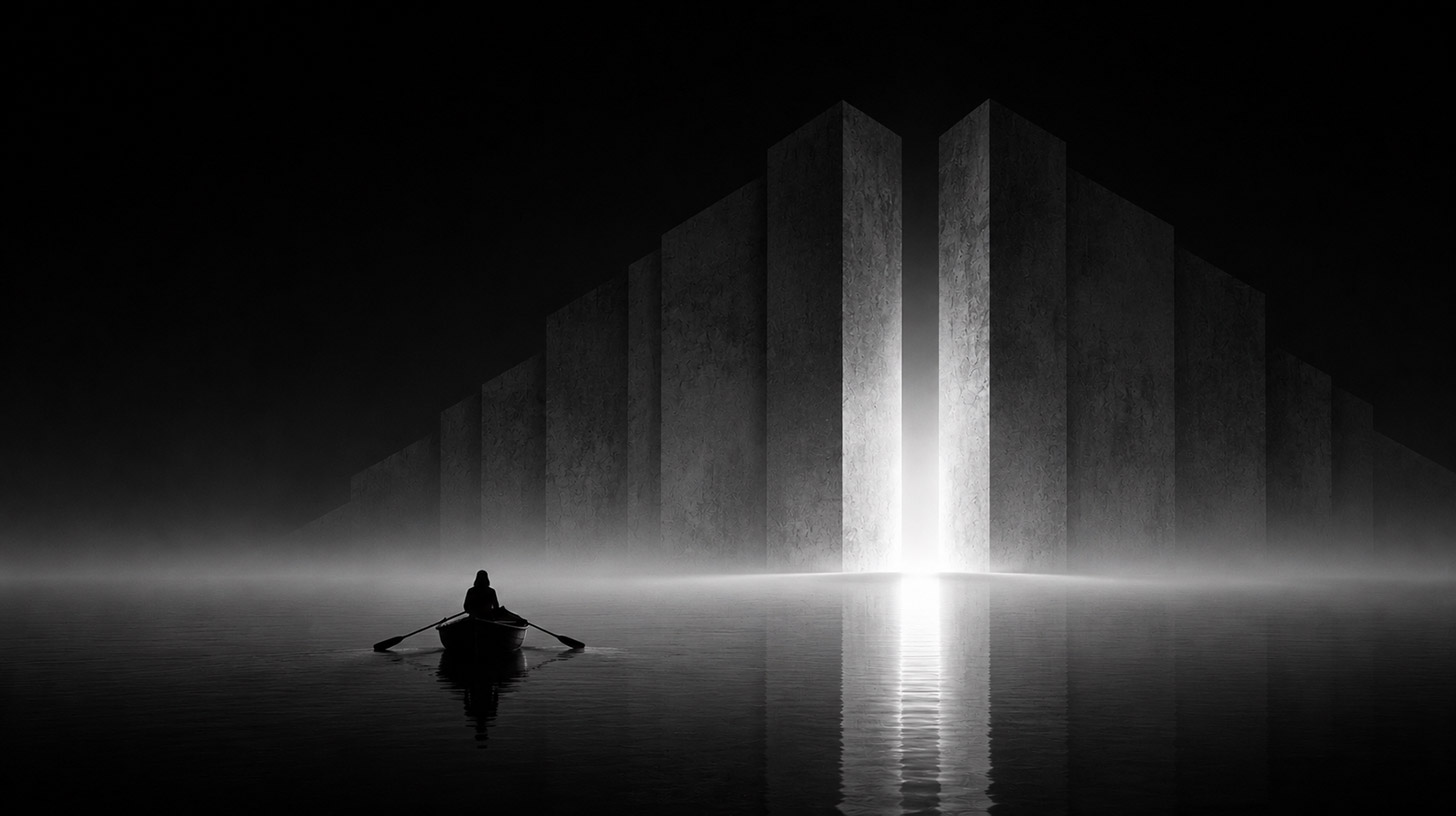 Figura solitária diante de uma estrutura monumental em paisagem brutalista minimalista, simbolizando a jornada do artista e a busca por uma expressão autêntica.