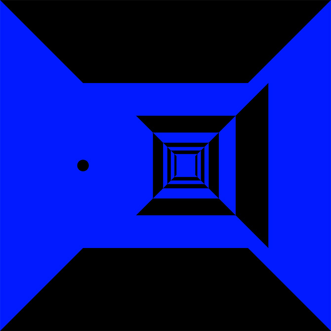 Obra geométrica abstrata composta por formas convergentes em perspectiva, círculo solar, contrastes entre azul e preto e estrutura visual que sugere profundidade, passagem e transformação, em composição minimalista inspirada na dualidade entre luz e escuridão.