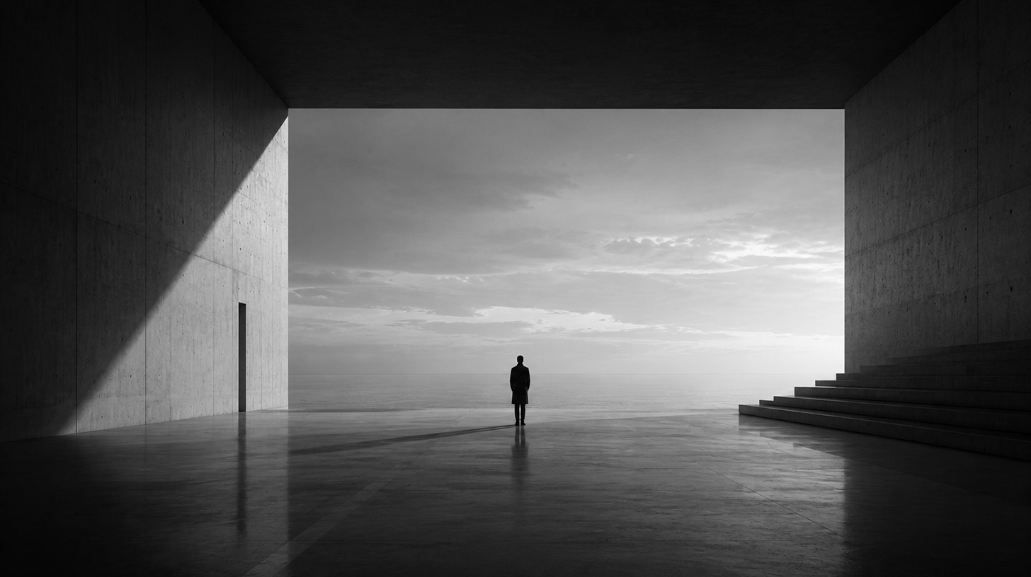 Pessoa contemplando um espaço arquitetônico minimalista, onde a simplicidade das formas sugere a imensidão e o infinito.